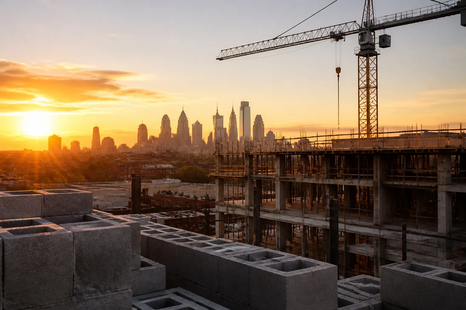 3R Blocks LLC company profile hero, CMU and construction at golden hour