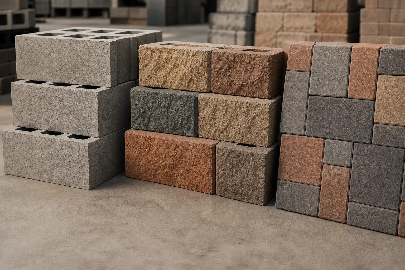 Product lineup: gray CMU, architectural block, and pavers