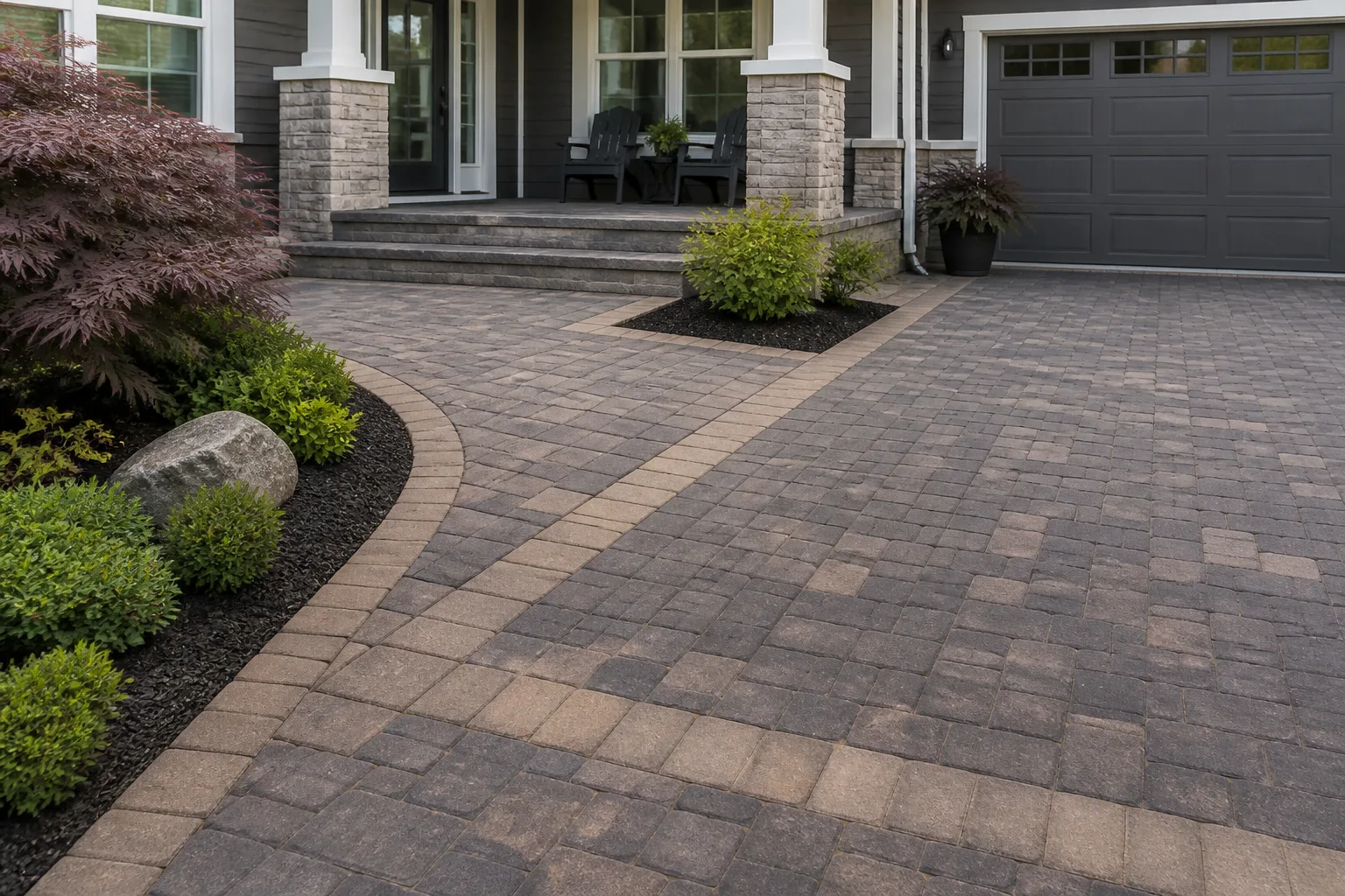 Completed interlocking concrete paver driveway