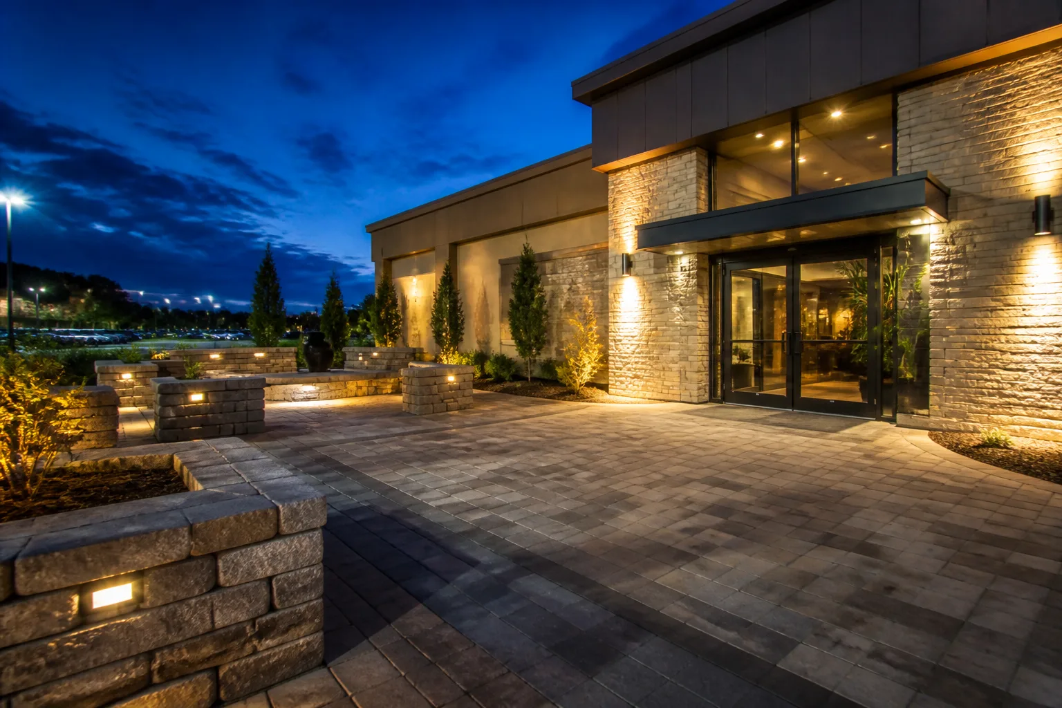 Completed paver plaza at a commercial entrance