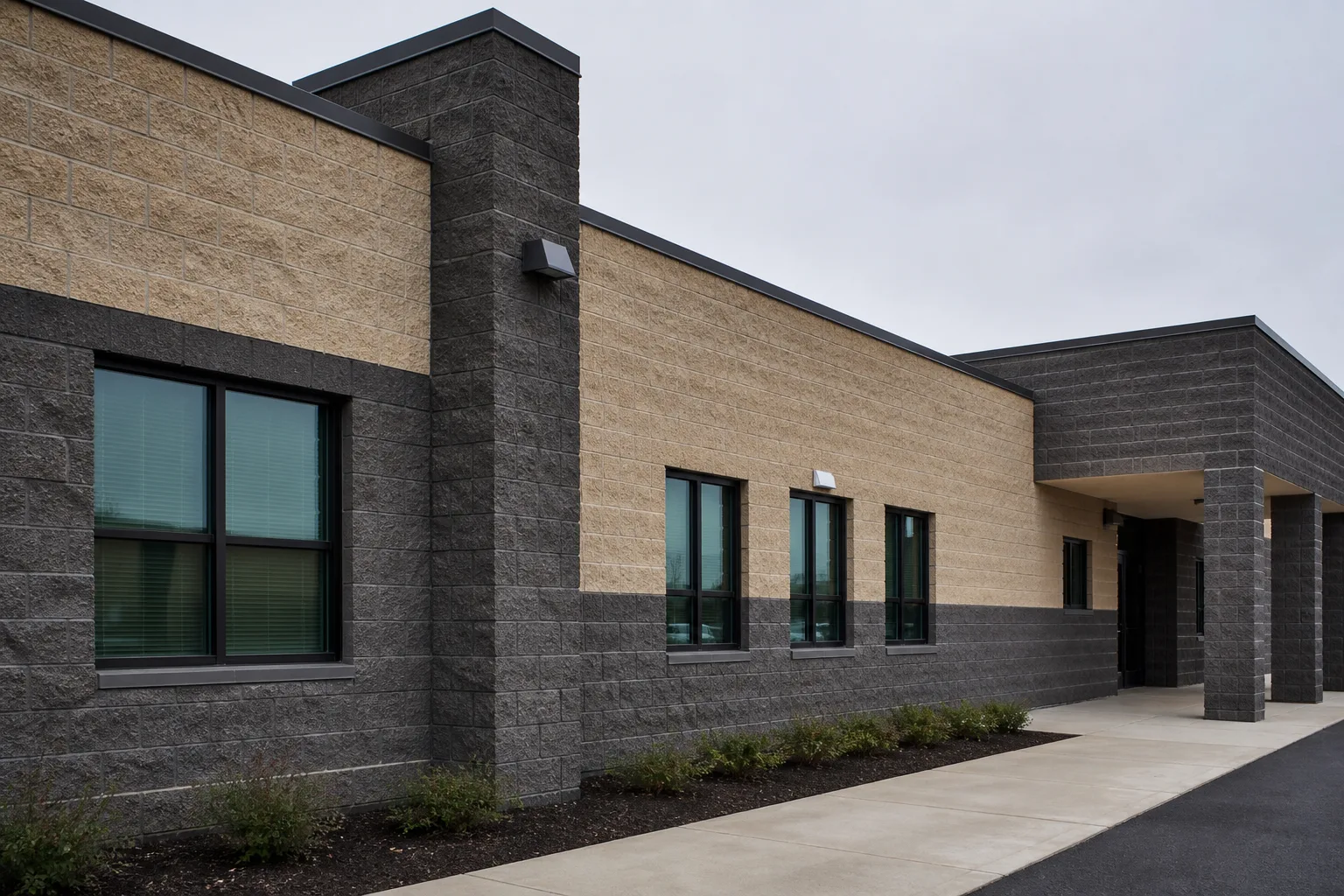 Institutional split-face block facade